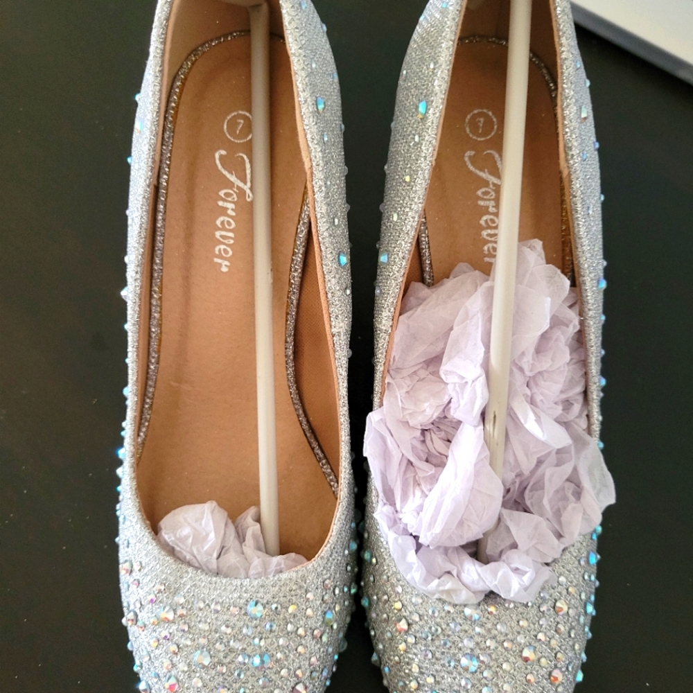 Forever - New Silver Stone Glitter, Round Toe, Mid Wedge Heels